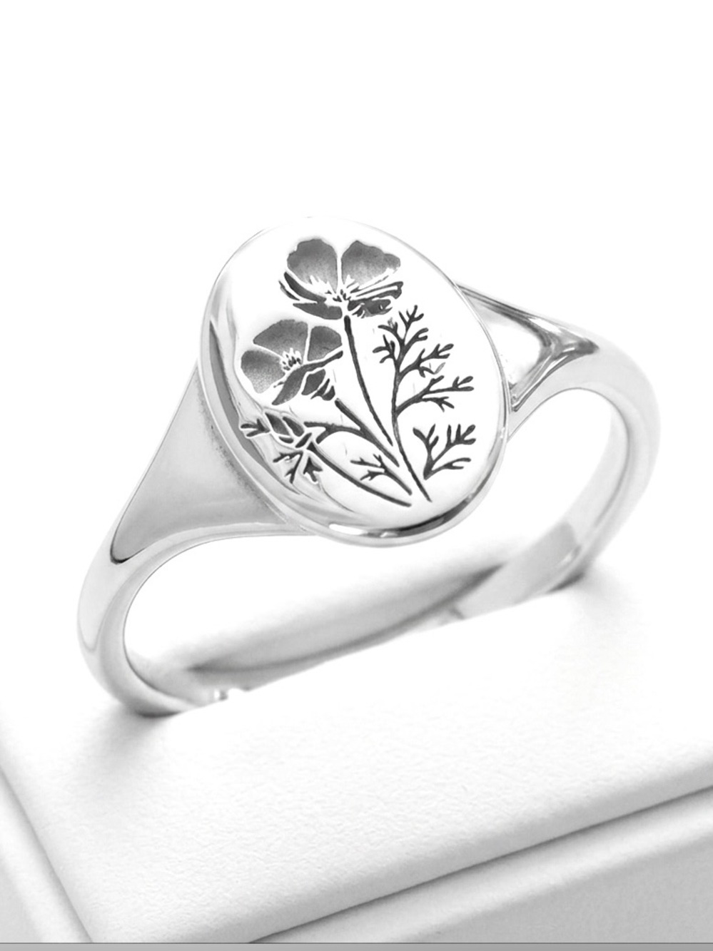 New Minimalist Bohemian Orchid Sterling Silver Signet Floral Engraved Ring